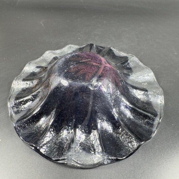 Vintage Hand Made Fused Art Glass Dish Bowl Artist Signed Ruffled Edge Purple - Picture 10 of 12